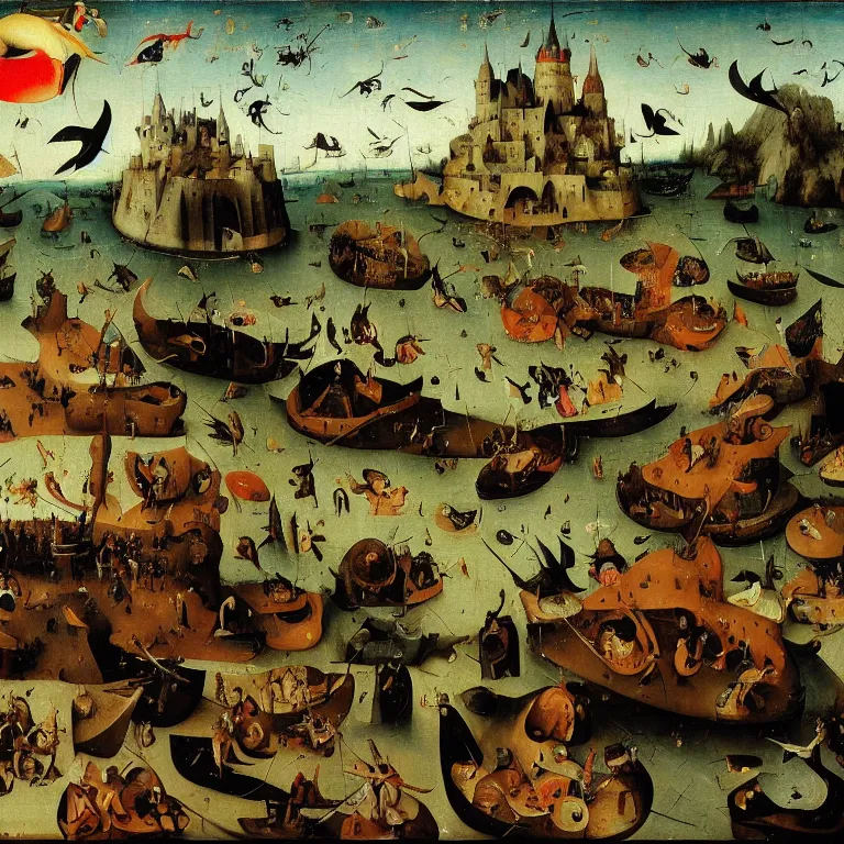 Prompt: The medium shot of three sarcastic mans with a lot of fish running away with a small profit of money, Grim Reaper laughs and follow them, by Hieronymus Bosch and Pieter Bruegel inspired by Terry Pratchett, super detailed oil painting, hyper realistic, 4k, masterpiece