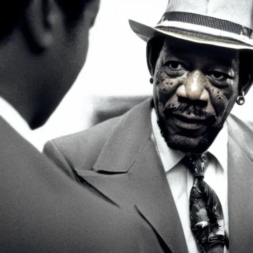 Image similar to a film still of Morgan Freeman dressed as a Pimp in a 1970s Blaxploitation film, 40mm lens, shallow depth of field, split lighting, cinematic