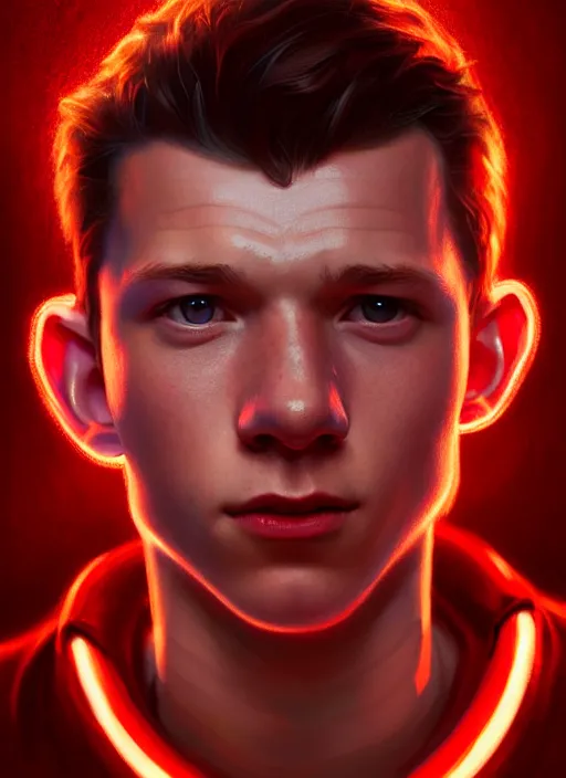 Image similar to portrait of tom holland with hazel eyes, hazel colored eyes, red shirt, intricate, elegant, glowing lights, highly detailed, digital painting, artstation, concept art, smooth, sharp focus, illustration, art by wlop, mars ravelo and greg rutkowski