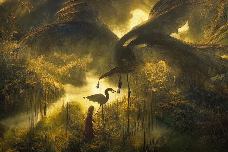 Image similar to aerial view, fantasy painting, dungeons and dragons, a faerie village hovels, swamp reeds wetland marsh sunset estuary, with ominous shadows, an egret by jessica rossier and brian froud cinematic painting