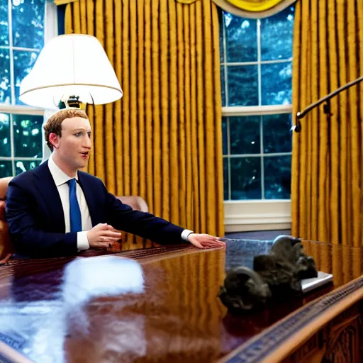 Image similar to Mark Zuckerberg the president of the united states sitting in the oval office, EOS-1D, f/1.4, ISO 200, 1/160s, 8K, RAW, unedited, symmetrical balance, in-frame, Photoshop, Nvidia, Topaz AI
