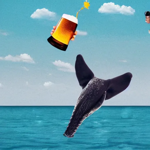 Prompt: A realistic photo of a happy man drinking a beer on the top of a flying whale