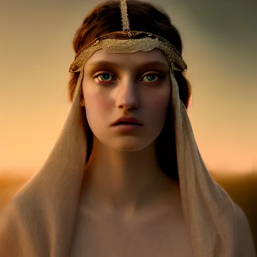 Image similar to photographic portrait of a stunningly beautiful renaissance priestess female in a white eyes trance, in soft dreamy light at sunset, contemporary fashion shoot, by edward robert hughes, annie leibovitz and steve mccurry, david lazar, jimmy nelsson, breathtaking, 8 k resolution, extremely detailed, beautiful, establishing shot, artistic, hyperrealistic, beautiful face, octane render