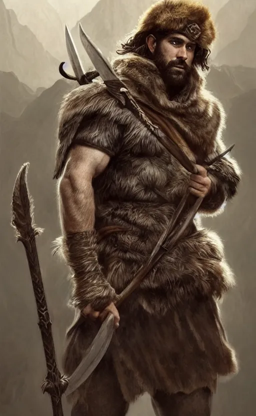 Image similar to full body portrait of a gruff ranger with a spear, wolf pelt on his head, muscular, handsome face, hairy body, D&D, fantasy, intricate, elegant, highly detailed, digital painting, artstation, concept art, matte, sharp focus, illustration, art by Artgerm and Greg Rutkowski and Alphonse Mucha