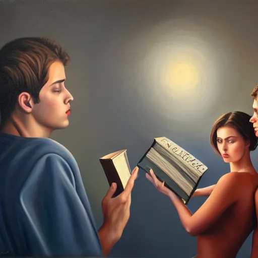 Image similar to hyperrealistic painting of a beautiful young woman holding a book while three men and a woman peep into the book from behind, detailed digital art, trending on artstation