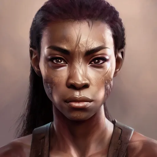 Image similar to beautiful, very strong, african american, female, middle aged, face, no makeup, no tattoos, warrior, battle hardened, head shot, fantasy, highly detailed, digital painting, artstation, concept art, smooth, sharp focus, illustration, art by jodie muir and brom