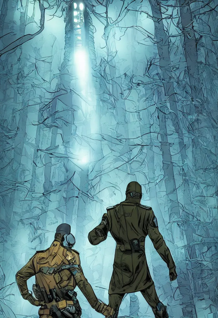 Image similar to A modern comic book cover of an android soldier wearing a trench coat and high tech glowing boots, with back to the camera, in a forest made of crystal, looking up at a crystal temple with a tower glowing in the fog