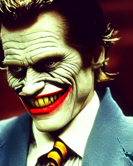 Image similar to a movie still of Batman starring Willem Dafoe as the Joker smiling, 8k, Technicolor, telephoto lens, detailed skin, detailed realistic eyes, medium shot, mid-shot