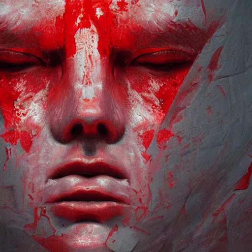 Prompt: abstract cloth pressing against a face, sad, highly detailed, modern, digital art, red color, unreal engine, photorealism, cinematic lighting, 8k photorealistic, dramatic, trending on artstation, by Greg Rutkowski