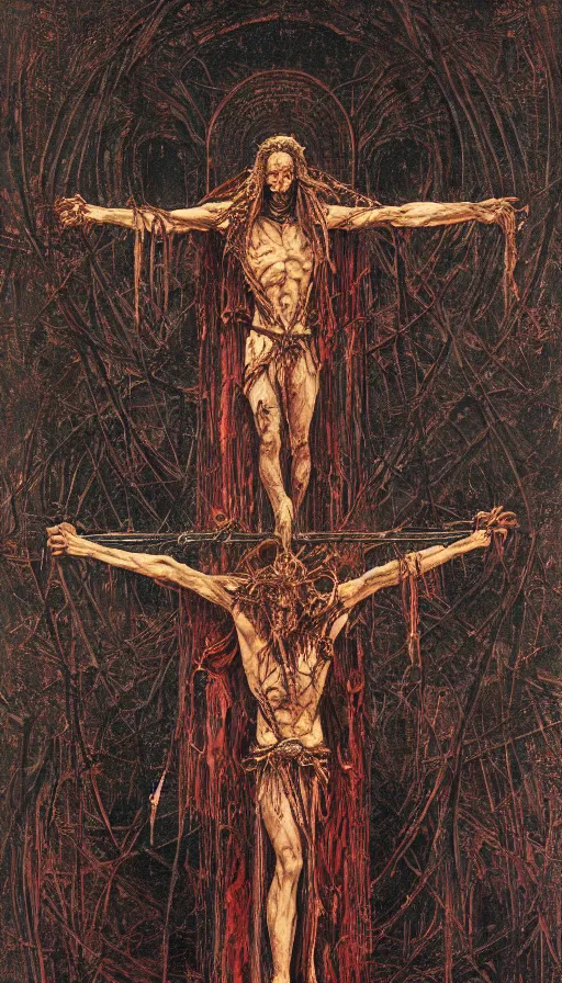 Image similar to Scorn themed painting of unholy darkness crucifixion concept, intricate artwork by H.R. Giger, Johnatan Wayshak, Zdizslaw Beksinski, Ayami Kojima, Amano, Karol Bak, Moebius, and Mark Brooks, Neo-Gothic, gothic, rich deep colors, art by Takato Yamamoto, masterpiece, face by Artgerm, very coherent artwork, cinematic, hyper realism, high detail, octane render, unreal engine, 8k, High contrast, golden ratio, trending on cgsociety