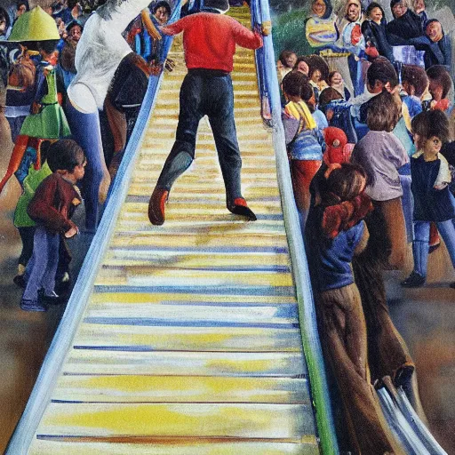 Image similar to painting of albert einstein going down a large slide in a public park with many children, by caspar david