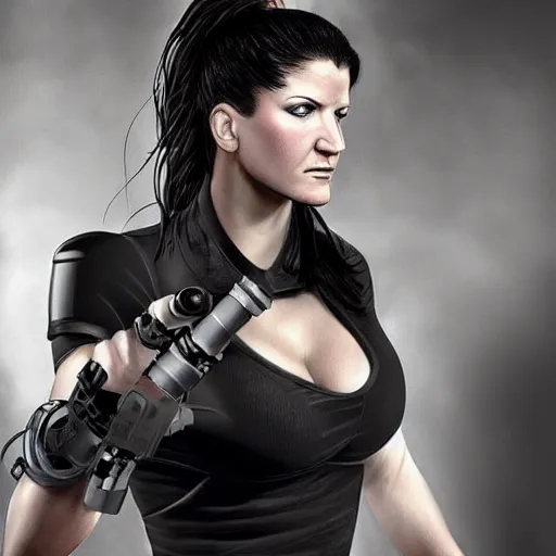 Image similar to beautiful digital painting of gina carano with a robotic arm, cyberpunk, highly detailed, hyperrealism, concept art