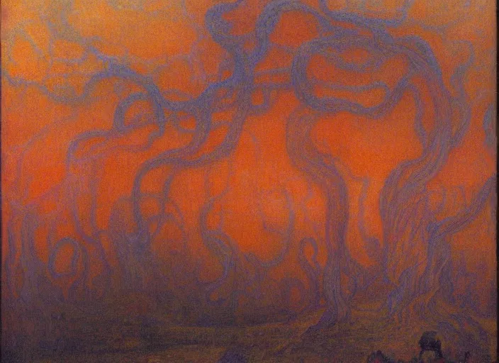 Image similar to a haunting landscape with wandering blobby orange wraiths, painting by jean delville,