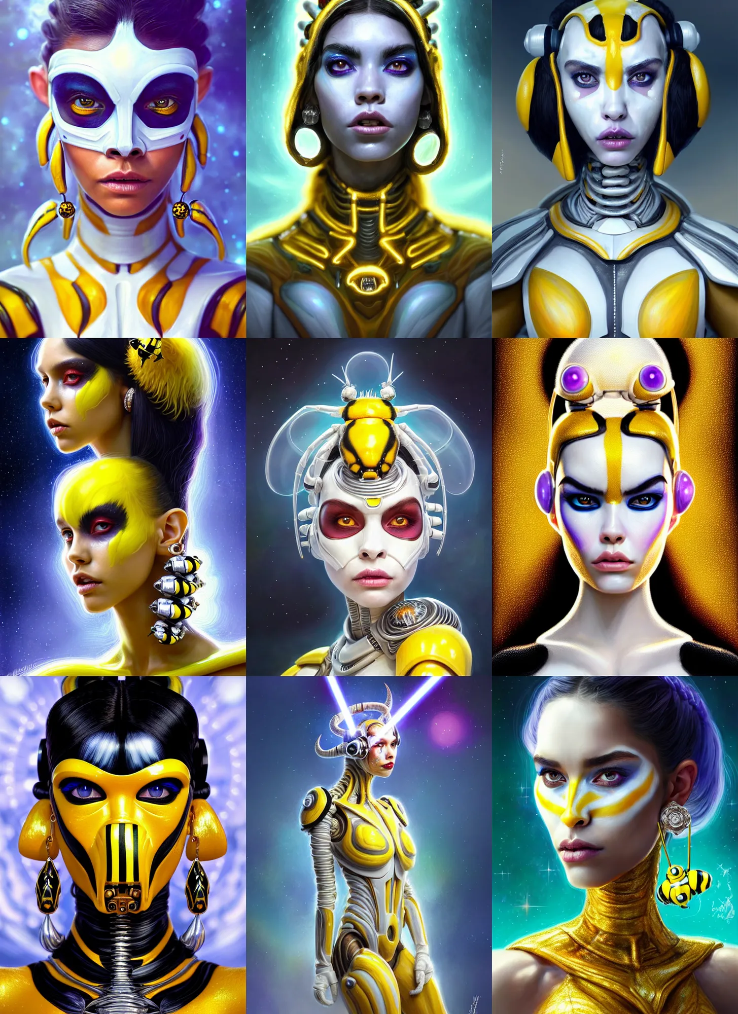 Prompt: bright white polished galactic bumblebee clowncore weta cyborg : : disney pixar star wars portrait, soft devil queen madison beer, bling earrings, hi - fructose, sci fi fantasy intricate decadent highly - detailed digital painting, golden ratio, octane render, artstation, concept art, smooth, sharp focus, illustration, artgerm, mucha, loish, wlop