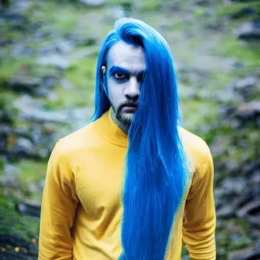 Prompt: rimuru tempest, young man blue hair yellow eyes, canon eos r 3, f / 1. 4, iso 2 0 0, 1 / 1 6 0 s, 8 k, raw, unedited, symmetrical balance, in - frame