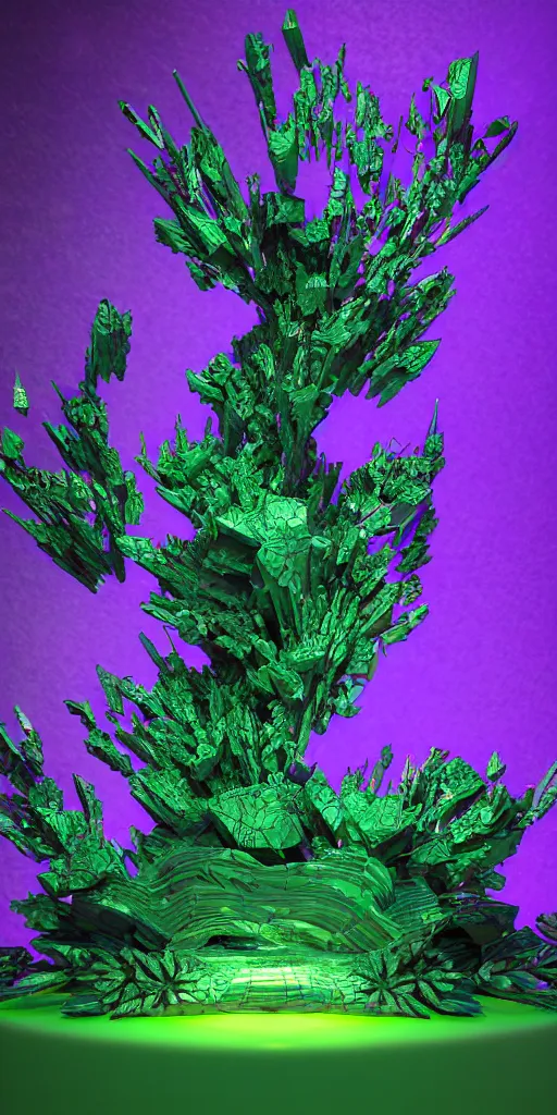 Image similar to 3 d photographic render of a deconstructed asymmetric mandelbulb sculpture, green bioluminescent chrometype, made of liquid purple metal, neotribal with thorns and green thunders, cyberpunk japanese temple, raytraced, hyper realistic, volumetric lightning, 8 k, by zhelong xu, ouchh and and innate studio