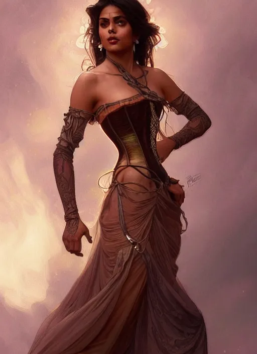 Image similar to cute brown woman wearing a translucent corset dress, fantasy, intricate, highly detailed, digital painting, artstation, concept art, wallpaper, smooth, sharp focus, illustration, art by artgerm and greg rutkowski and alphonse mucha