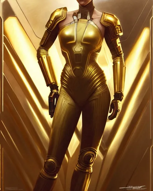 Image similar to hyper realitic render of charlize theron, sci fi warrior in gold hi tech armor, art by artgerm and greg rutkowski and alphonse mucha