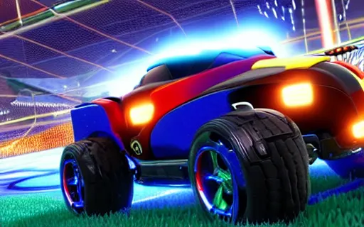 Image similar to rocket league goal, ball exploding, dramatic lighting, moody lighting, 4 k, hq, octane render, dynamic angle.