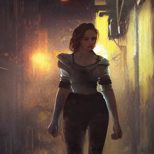 Image similar to kaitlyn dever, hyperrealistic full figure, bladerunner street alley, art of elysium by frank frazetta and by jeremy mann and by alphonse mucha, fantasy art, photo realistic, dynamic lighting, artstation, full figure poster, volumetric lighting, very detailed face, 4 k, award winning