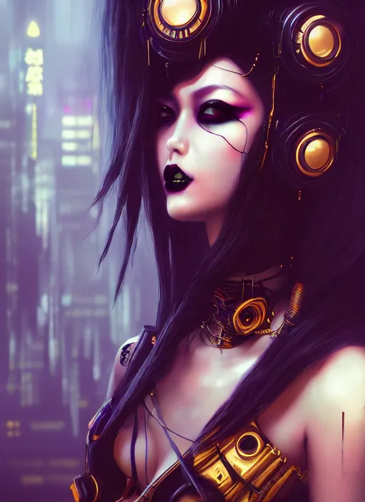 Image similar to soft seductive ebony geisha raver gutter punk gothic cyborg, golden ratio, details, scifi, fantasy, cyberpunk city, intricate, decadent, highly detailed, octane render, digital painting, artstation, concept art, sharp focus, illustration, art by artgerm, loish, wlop