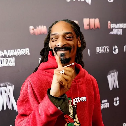 Image similar to Snoop Dog with big eyes eye color red , smiling and holding a joint in his hand