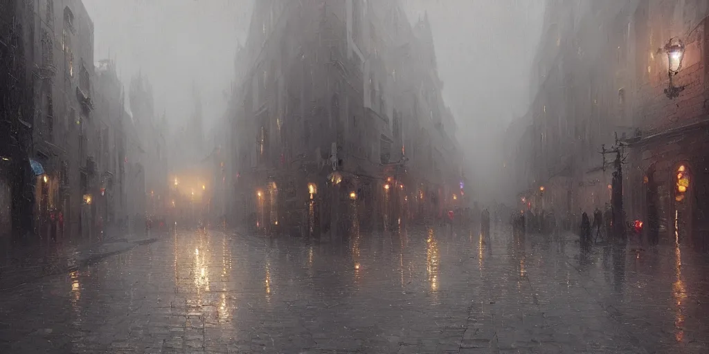 Image similar to an oil painting of a downpour in the middle of the street of a medieval city, moody lighting, fog, dark fantasy, by greg rutkowski, trending on artstation