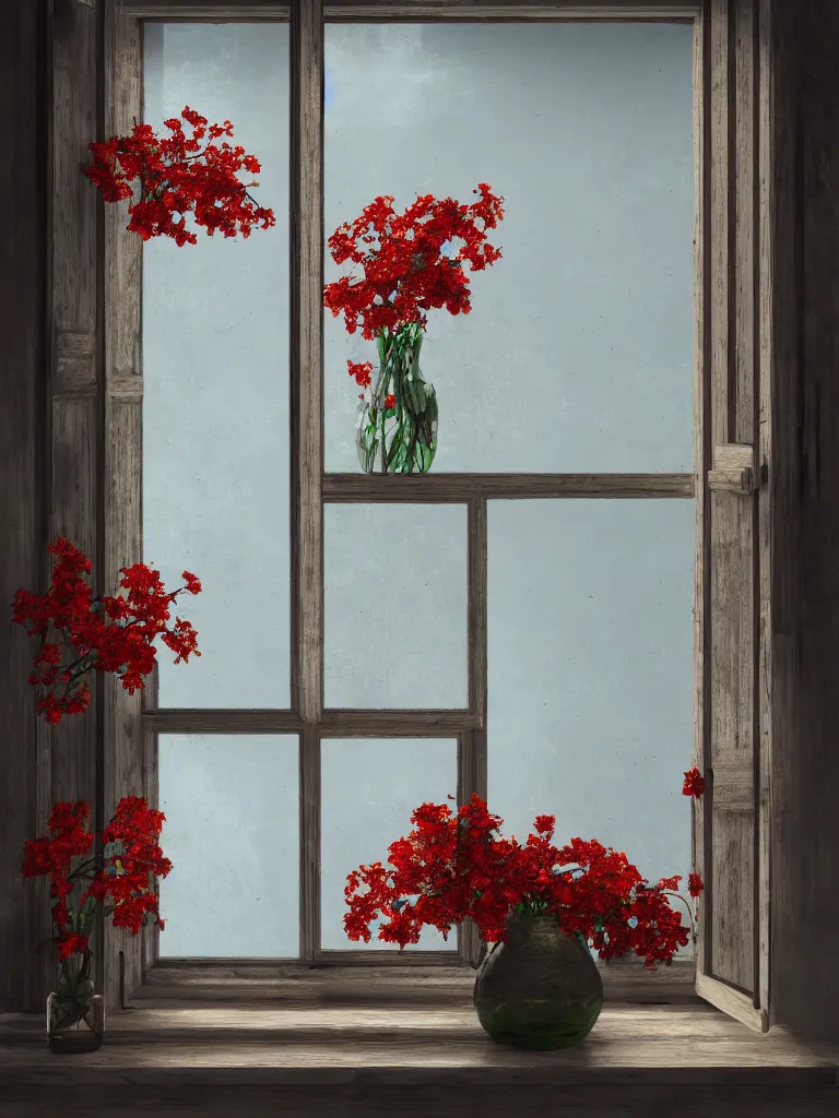 Image similar to a single old house window with a vase of red flowers with view to a sunrise, blue wall, a wooden chair near the window, concept art, octane render, unreal engine 5, trending on deviantart, highly detailed, high quality, hd, digital painting, masterpiece, geometric, symmetrical, low contrast, beautiful, high coherence, natural lighting, intense lighting