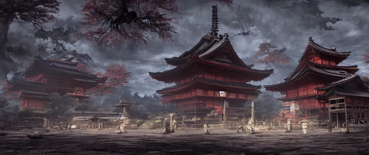 Image similar to gothic Japanese Shinto temple, concept art, digital painting, matte painting, in the style of sekiro, Bloodborne, dark souls, demon souls, dark, night time, volumetric lighting, large scale, high detail, trending on art station, view from afar