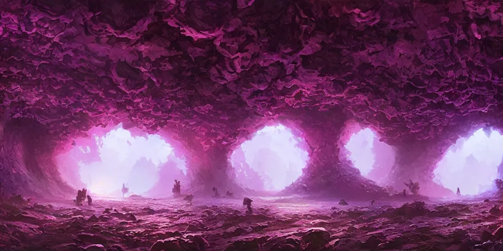 Image similar to zoomed out landscape, beautiful hyper realistic zergling tunnel in cave of purple crystals, beautiful painting by greg rutkowski, atmosphere, ethereal, magic, amazing, positive vibes