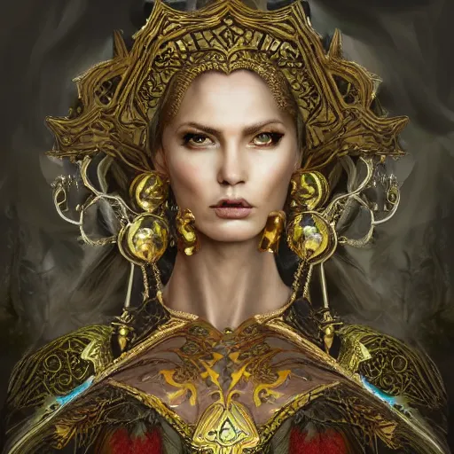 Image similar to oil painting of fantasy female warrior, symmetrical face, beautiful face, intricate jewellery, filigree armour, big earrings, shining eyes, crystals, covered in plants, standing in the mystical forest, realistic oil painting, baroque, renaissance painting, dramatic, cinematic light, trending on artstation, rule of thirds, highly detailed