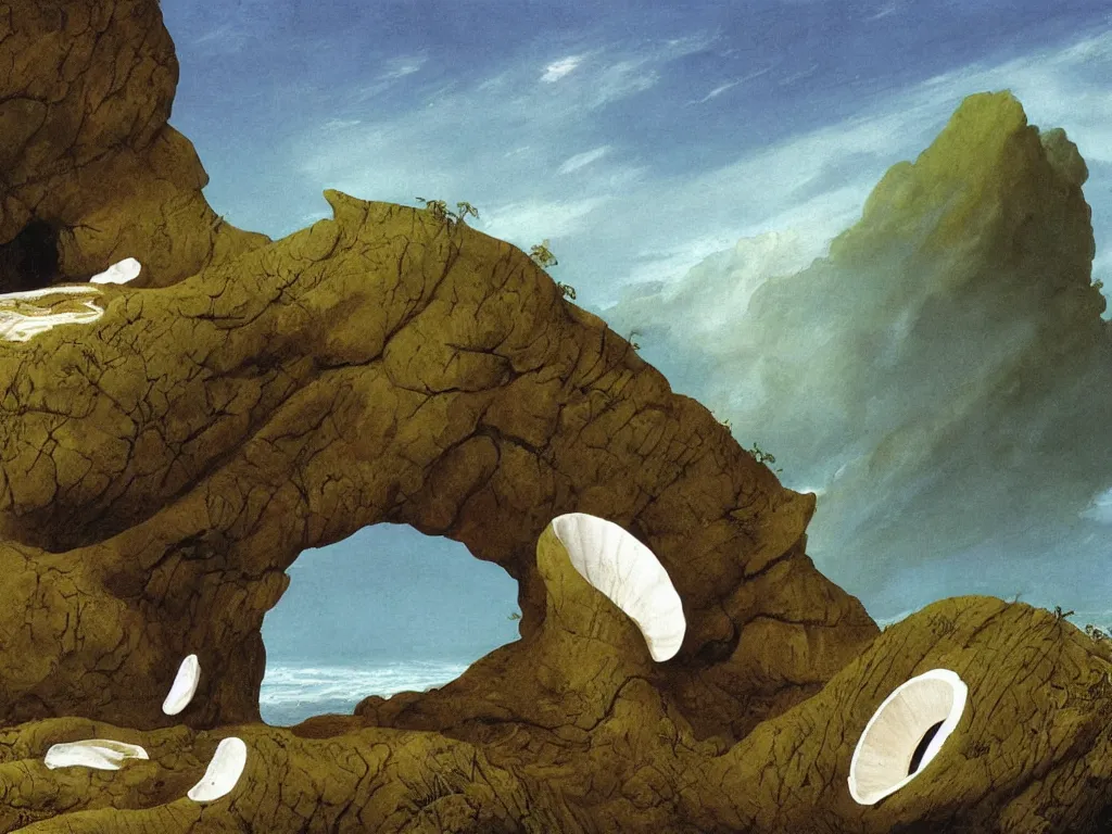 Prompt: Landscape hidden inside a conch shell. Long circular ridges, mollusk eyes. Painting by Roger Dean, Caspar David Friedrich, Walton Ford
