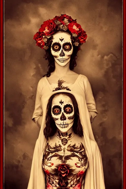 Image similar to 1 9 4 0's virgin mary dia de muertos dress and make up, horrific beautiful vibe, evocative, atmospheric lighting, painted, intricate, highly detailed, leesha hannigan, wayne haag, reyna rochin, ignacio fernandez rios, mark ryden, iris van herpen, stunning, gorgeous, sharp focus, cinematic, masterpiece