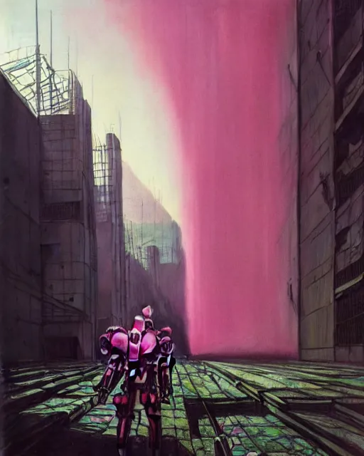 Image similar to hyperrealistic hyperdetailed 60s mecha iridescent pink coming out of dystopian city ruins concept art santiago caruso de chirico sharp very dramatic green light 8k low angle shallow depth of field