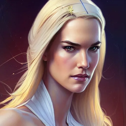 Prompt: Odette Annable with blonde hair as Emma Frost, western, D&D, fantasy, intricate, elegant, highly detailed, digital painting, artstation, concept art, matte, sharp focus, illustration, art by Artgerm and Greg Rutkowski and Alphonse Mucha