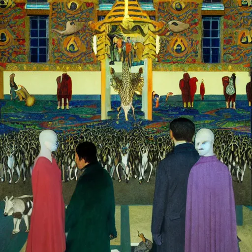 Image similar to a procession of animals in a giant temple, hyperrealistic film still by gottfried helnwein, by klimt, by paolo uccello, art nouveau, highly detailed, lights by edward hopper, liminal, eerie, metaphysical, bright pastel colors,