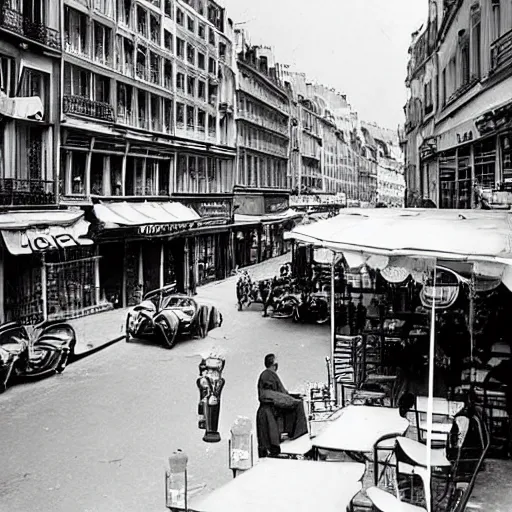 Prompt: une rue de paris vide avec des voitures garees, un restaurant avec une terrasse, des boutiques avec des neons, en debut de matinee en 1 9 4 5