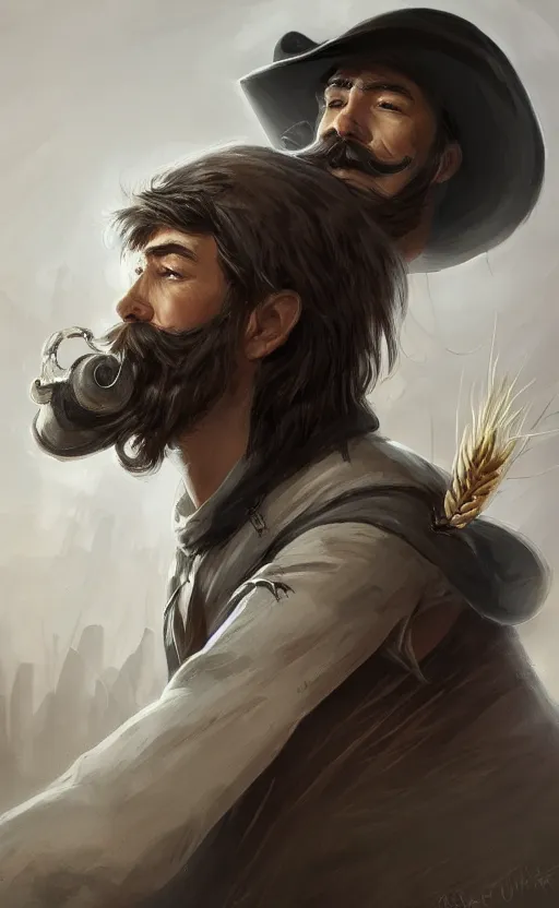 Prompt: a cowboy with a black mustache, wearing a white hood, with wheat in his mouth, dynamic lighting, fantasy concept art, trending on art station, stunning visuals, creative, cinematic, ultra detailed