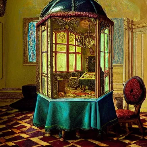 Prompt: painting of an elaborate miniature tabletop haunted house under an ornate glass dome, by paulette tavormina and vermeer, hyper realistic, extremely detailed, dramatic lighting, goth, victorian