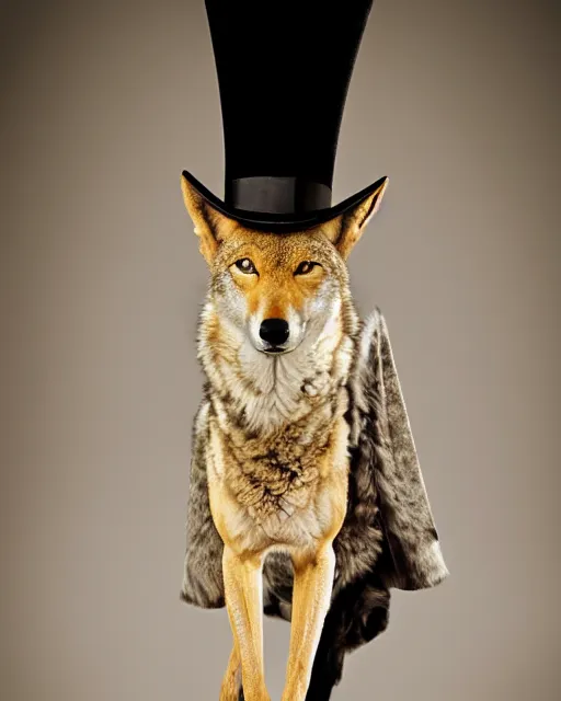 Image similar to Tall, elegant, Coyote man, has yellow wolf eyes, a long beautiful tail, long coyote like ears, He is dressed Victorian era style, wearing a Top Hat and cape, highly realistic, photoreal, photograph in the style of Annie Leibovitz, Studio lighting