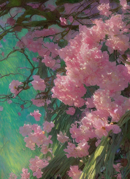 Prompt: a beautiful painting close up flowers twisted trees cherry blossom hard lighting ethereal fantasy, pink green by raymond swanland, gaston bussiere craig mullins alphonse mucha basil gogos norman rockwell, jack kirby, ruan jia, roberto ferri, monet, by wlop, moebius syd mead roger dean yoshitaka