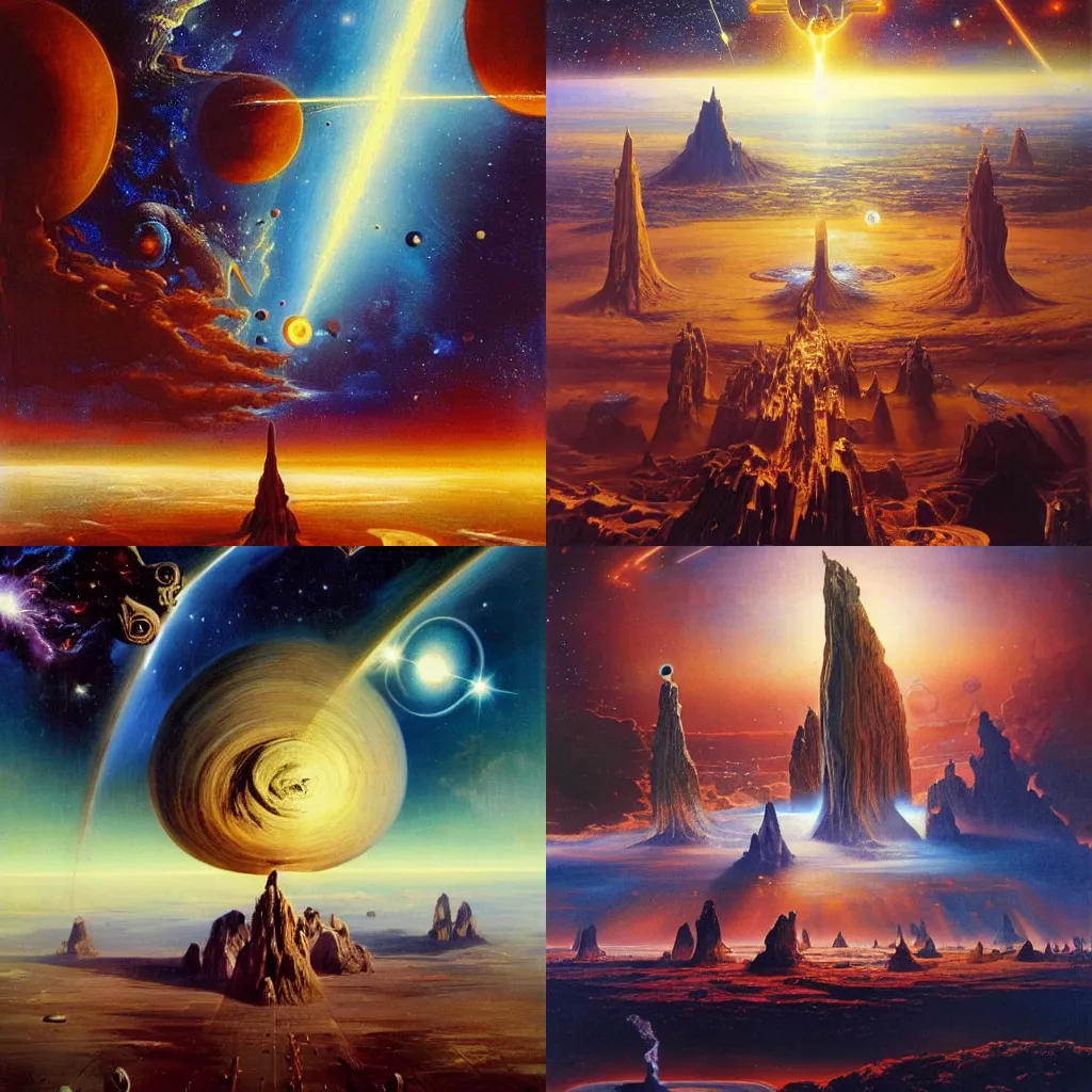 Prompt: An epic colossal war between planets and galaxies and civilisations, by Salvador Dali, by Bruce Pennington, trending on artstation, top on pixiv, masterpiece, cinematic composition, dynamic, detailed, beautiful lighting, outer space, interstellar, astronomical, 8K, no frames,