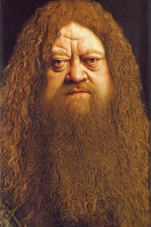 Prompt: portrait of hagrid, oil painting by jan van eyck, northern renaissance art, oil on canvas, wet - on - wet technique, realistic, expressive emotions, intricate textures, illusionistic detail
