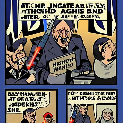 Image similar to comic book of angry jews with lightsabers and adolf hitler accurate eyes high detail