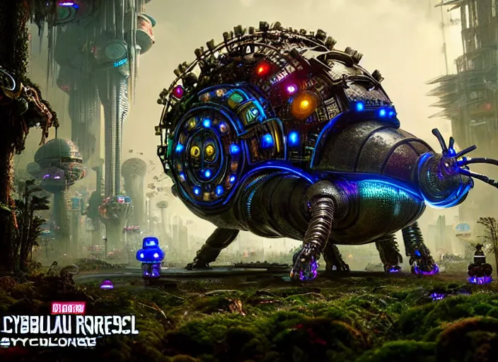 Image similar to giant intricate mechanical snail with cybernetic enhancements and visible gears and fiber optics, on the background of a weird magical mechanical forest. Very detailed 8k. Fantasy cyberpunk horror. Sharp. Cinematic post-processing. Unreal engine. Nanite. Ray tracing. Parallax. Tessellation