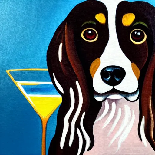 Image similar to a painting of a spaniel at the bar with a Martini, style mila furstova, light effect