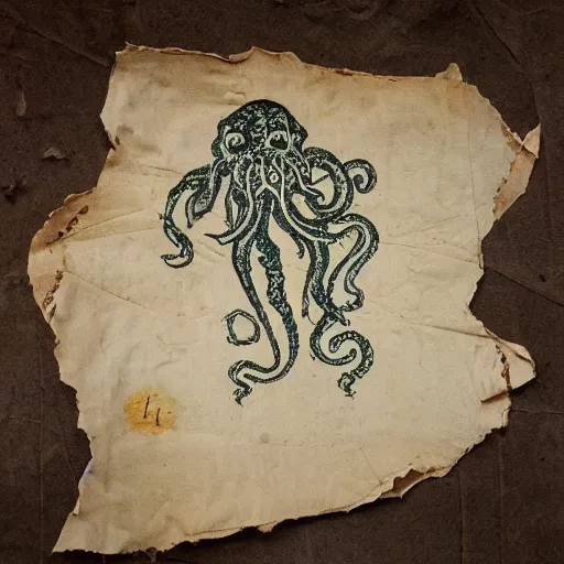 Prompt: tattered parchment with cthulhu characters written on it