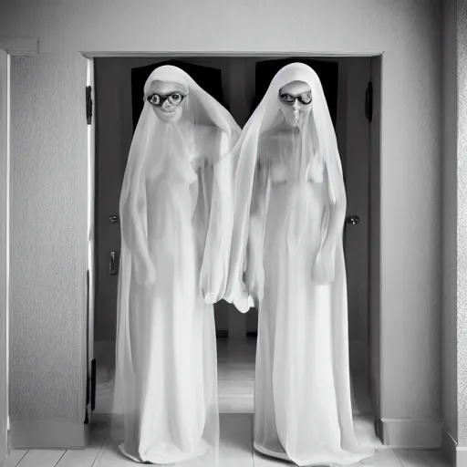 Image similar to award winning photo Hovering twins, buxom nuns, wearing translucent veils, see through dress, Very long arms, bedroom, wood door, eerie, frightening, highly detailed, photorealistic —width 1024 —height 1024