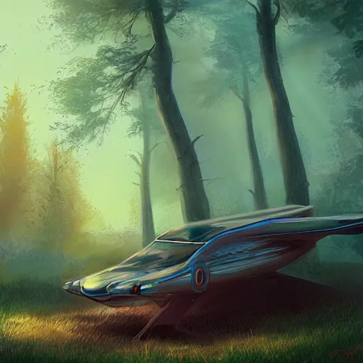 Prompt: flying car in futuristic spiritual mystical post apocalyptic forest by ron gilbert, dim painterly volumetric aquatic sunset lighting, beautiful, crisp, artstation, highly detailed