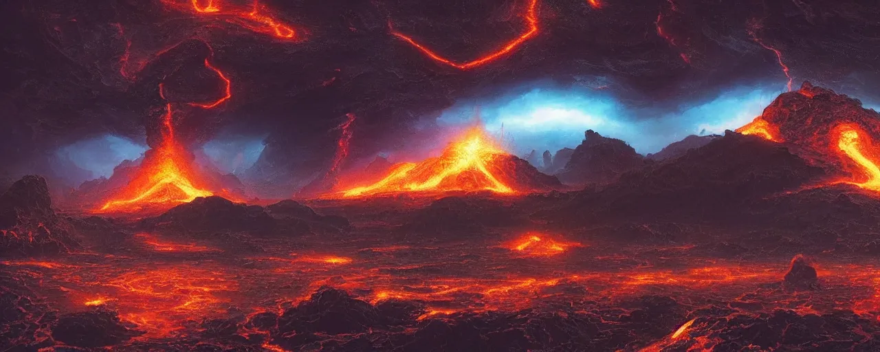 Image similar to ” outer planet with flowing rivers of magma, storm clouds and erupting volcanoes, [ art by paul lehr, cinematic, detailed, epic, widescreen, opening, establishing, mattepainting, photorealistic, realistic textures, octane render ] ”